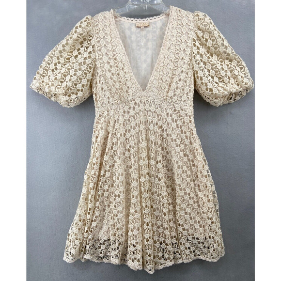 byTiMo Dress Women’s Sz S Ivory Lace Crochet Puff Sleeve V-Neck Babydoll NWOT - Picture 2 of 11
